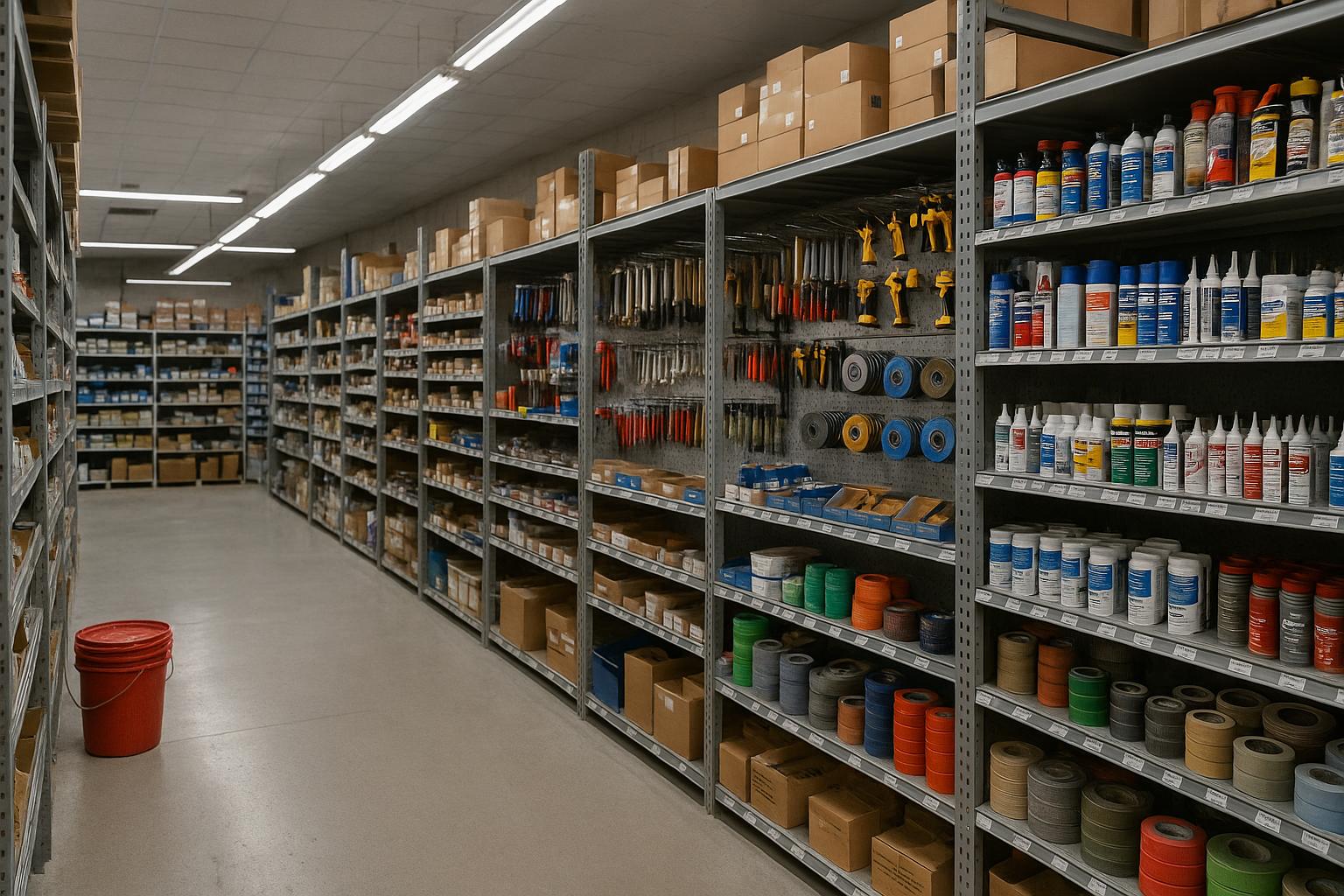 Interior de una tienda de suministros industriales con estanterías y productos